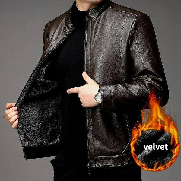 Men's Fleece-Lined Stand Collar Leather Jacket - AIGC-DTG