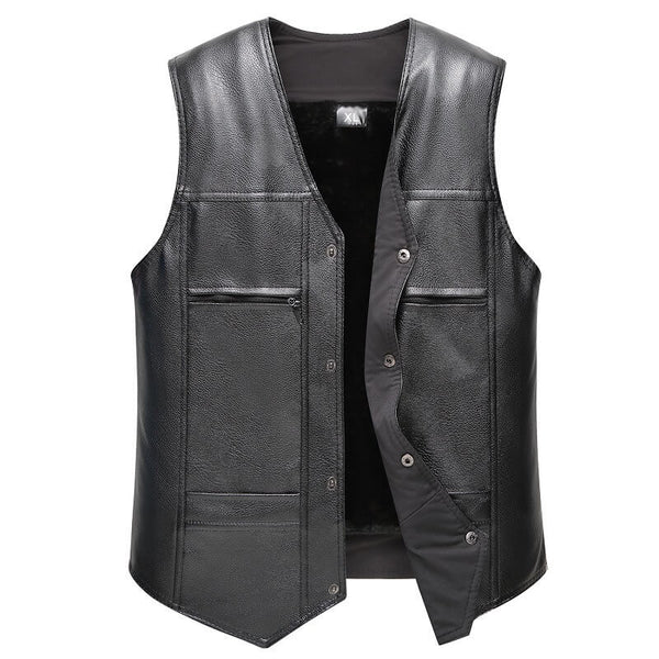 Men's PU Leather Vest with Fleece Lining and Multiple Pockets - AIGC-DTG
