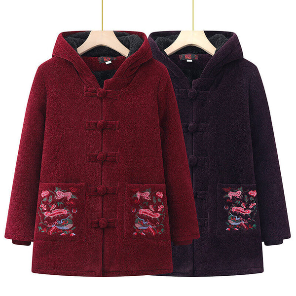 Women's Winter Mid-Length Embroidered Hooded Coat - AIGC-DTG