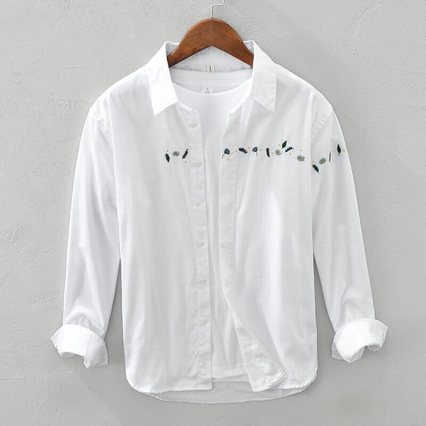 Men's Long-Sleeved Embroidered White Casual Shirt - AIGC-DTG