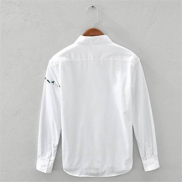 Men's Long-Sleeved Embroidered White Casual Shirt - AIGC-DTG