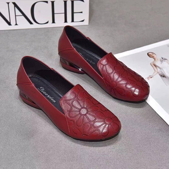 Female Soft Leather Embroidered Retro Shoes: Round Toe & Thick Heel - AIGC-DTG