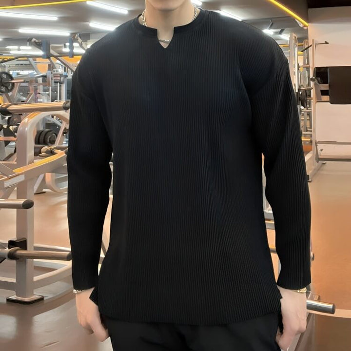 Men's V-Neck Solid Color Breathable Long Sleeve Shirt - AIGC-DTG