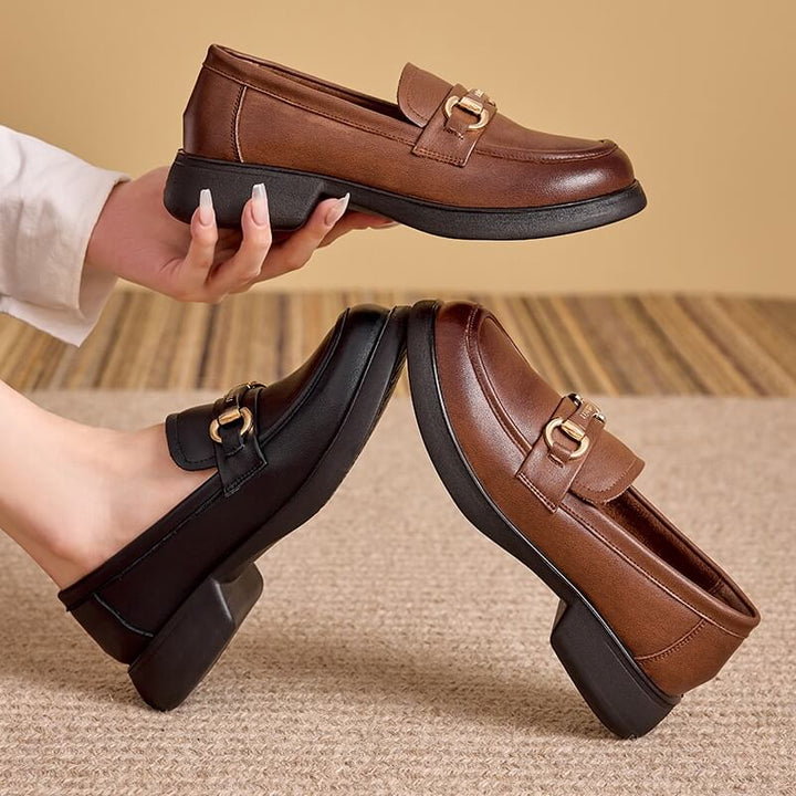 Women's Soft Sole Slip-On Chunky Heel Loafer Leather Shoes - AIGC-DTG