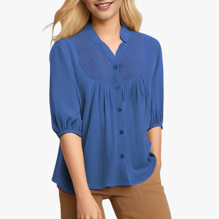 Women's Versatile Elegant V-Neck 3/4 Sleeve Button-Up Shirt Blouse - AIGC-DTG