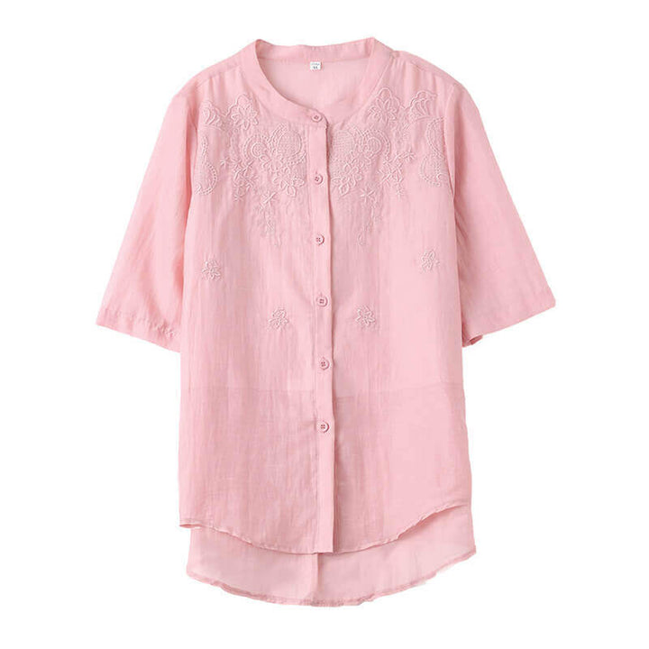 Women's 3/4 Sleeve Tops Embroidered Shirt Cotton Linen Blouse - AIGC-DTG