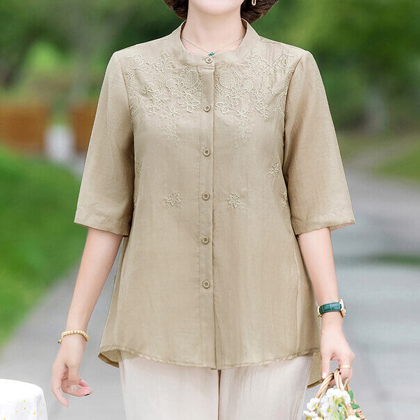 Women's 3/4 Sleeve Tops Embroidered Shirt Cotton Linen Blouse - AIGC-DTG