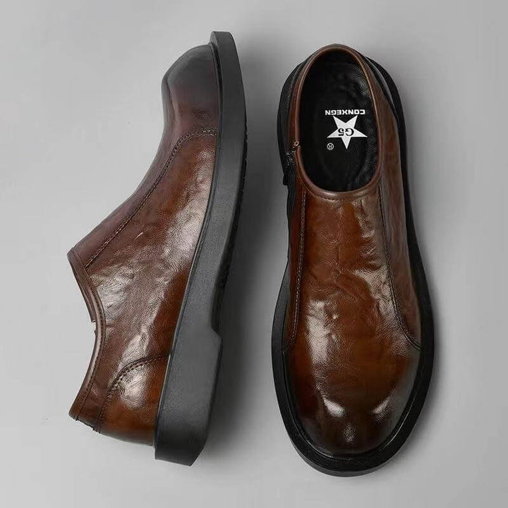Men's Leather Slip On Shoes Chelsea Shoes Round Toe Side Zipper - AIGC-DTG