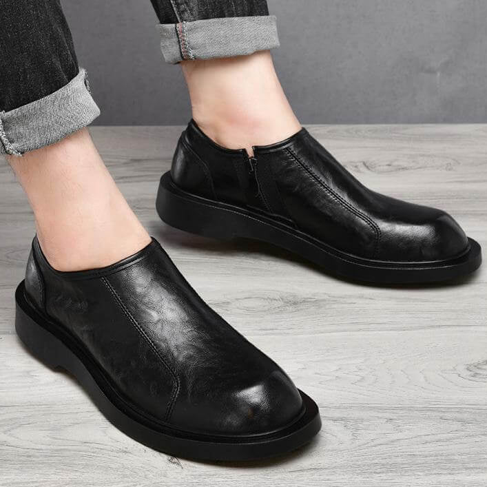 Men's Leather Slip On Shoes Chelsea Shoes Round Toe Side Zipper - AIGC-DTG