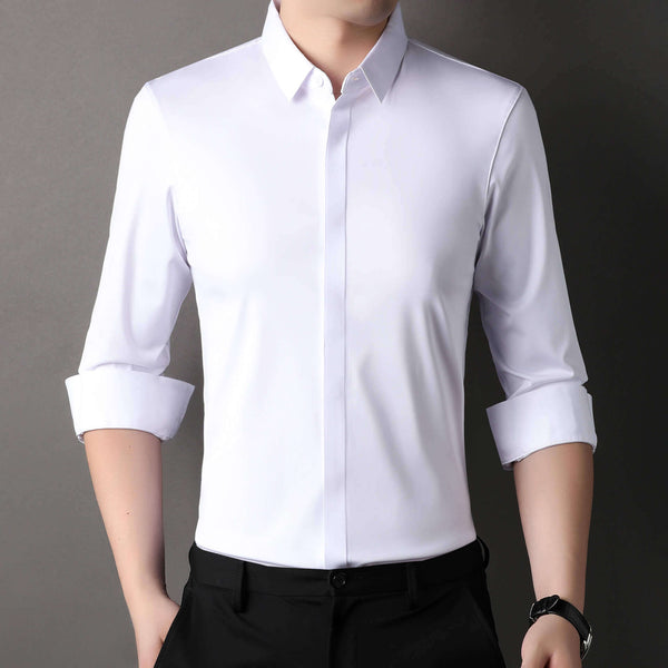 Men's Non-iron Dress Shirts Seamless Shirt Concealed Placket Solid Color