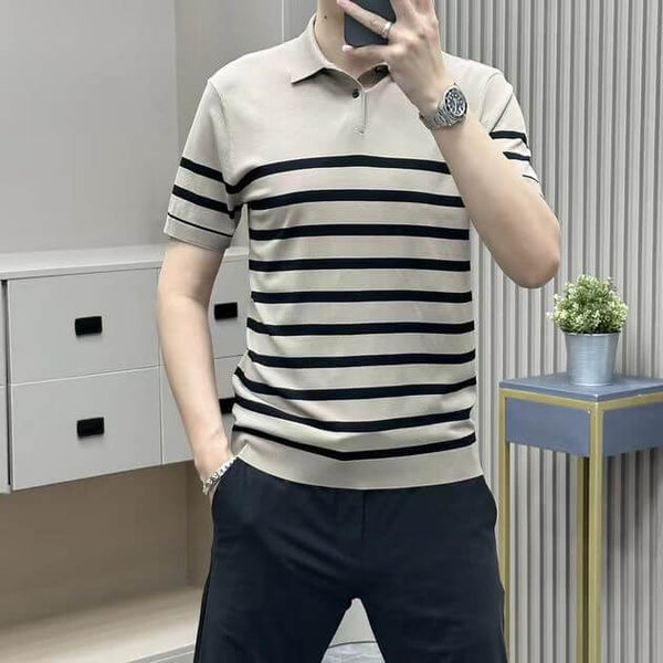 Men's Knit Shirts Striped T-Shirt Short Sleeve Polo T-Shirt