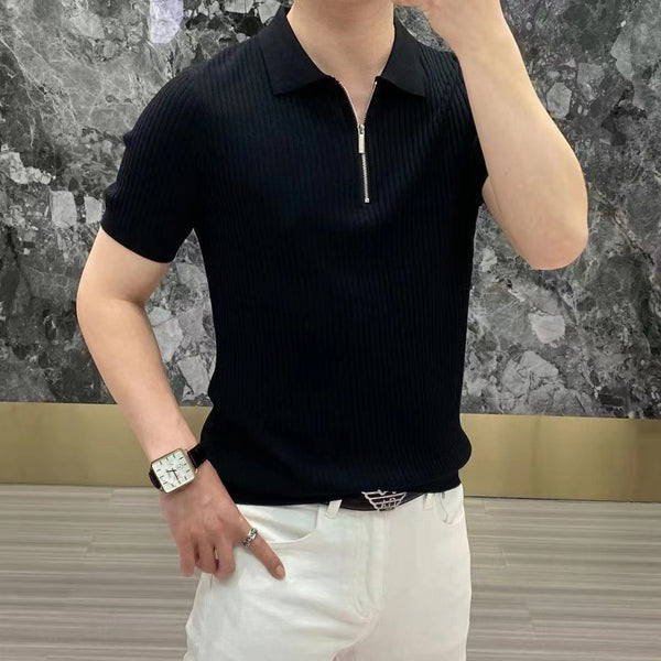 Men's Zipper Knit Polo Shirt Stripe Short Sleeve Polo T-Shirt