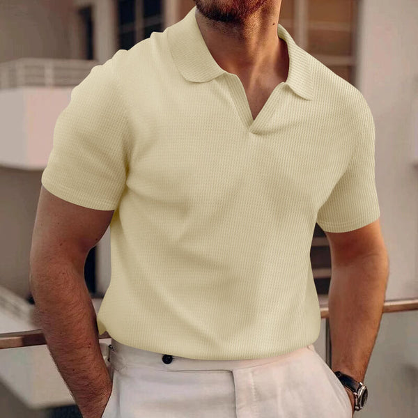Men's V-neck T-Shirts Waffle Short Sleeve Standing Collar Tee