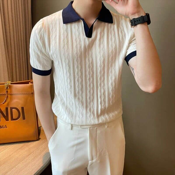 Men's Textured Shirt Knit Slim Fit Color Block Short Sleeve Top