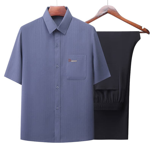 Men's Two Piece Set Short-Sleeve Shirt and Ice Silk Casual Pants