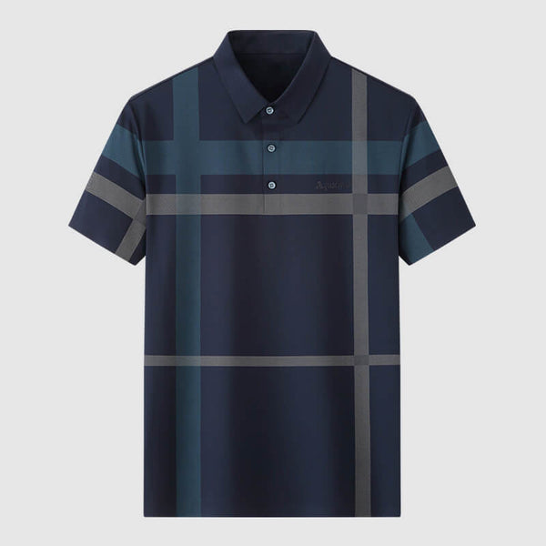 Men's High-Stretch, Seamless, Color-Blocked Grid-Patterned Polo Shirt