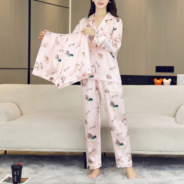Women Summer Three-piece Pajama Set: Top+Pant+Short