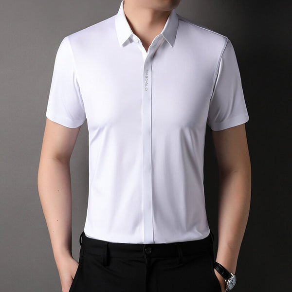 Men's Concealed Placket Button Solid Color Shirts Short Sleeve Shirt