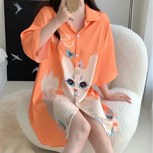 Cute Cat Print Night Shirt Summer Ice Silk Loungewear