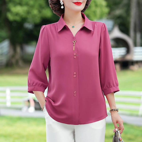 Women's 3/4 Sleeve Blouse Elegant Polo Collar Solid Color Shirt