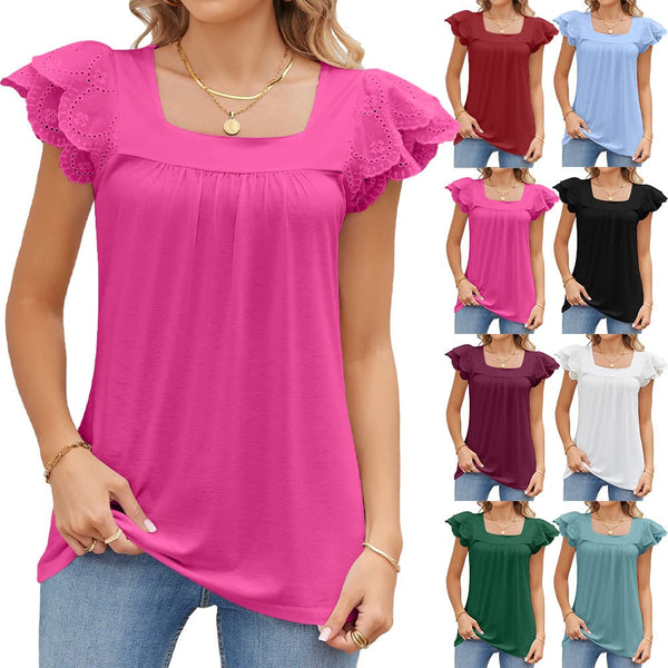 Women's Square Neck Ruffled Short Sleeve Solid Color T-Shirt Top