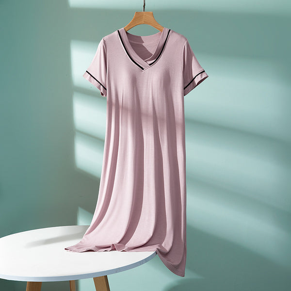Women's V-neck Tie with Padded Modal Short Sleeve Nightgown