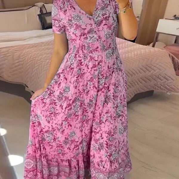 Women's V-Neck Floral Dress Short Sleeve Beach Maxi Dress