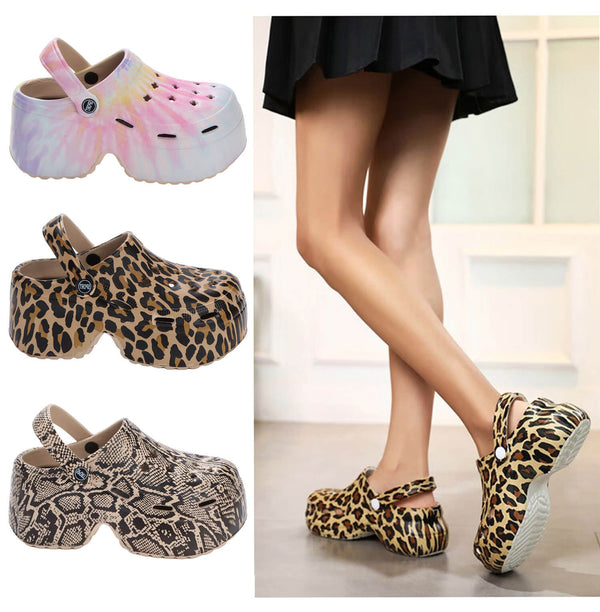 Platform leopard print slip-on summer sandals with height boost for the beach