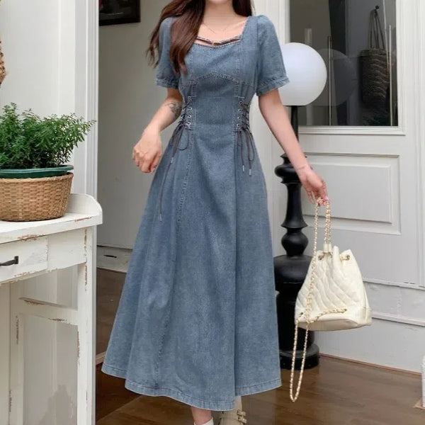 Plus Size French Waist-Defined Denim Dress - Slimming and Stylish