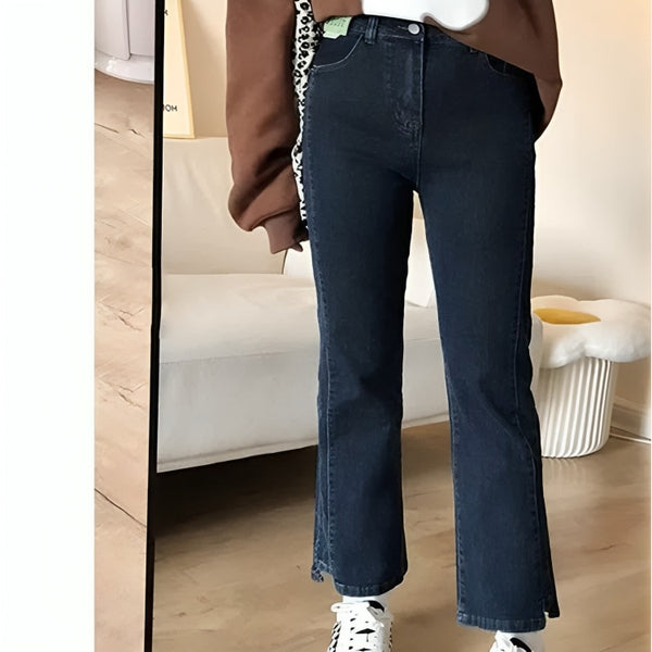 2024 Autumn Women's High-Waisted Flared Denim Jeans - Stretch Cropped Pants