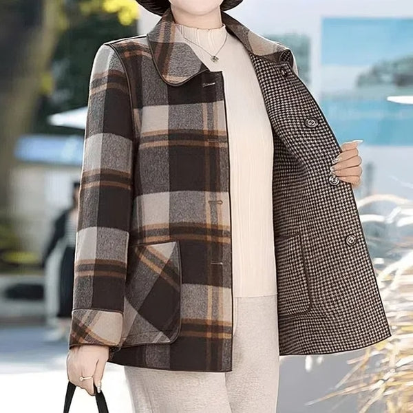 Women's Reversible Wool Blend Plaid Coat with Pocket