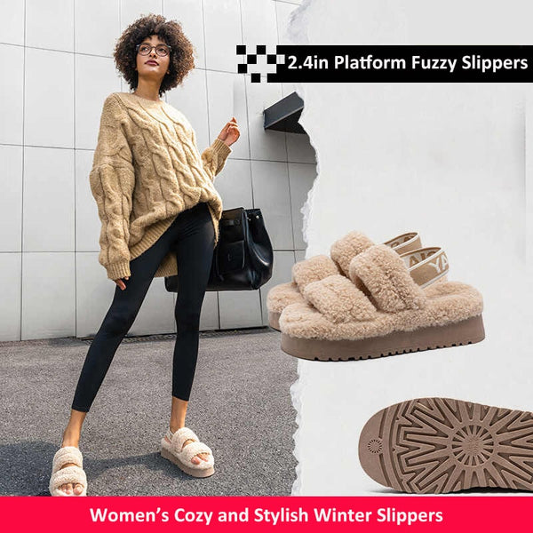 Women's Fashionable 2.4in Platform Fuzzy Slippers – Cozy and Stylish Winter Slippers