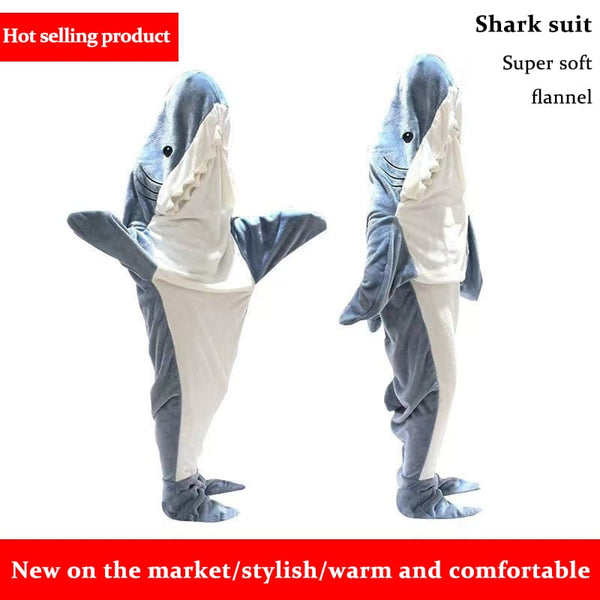 Soft cartoon-style flannel shark sleeping bag for parent-child matching outfits.