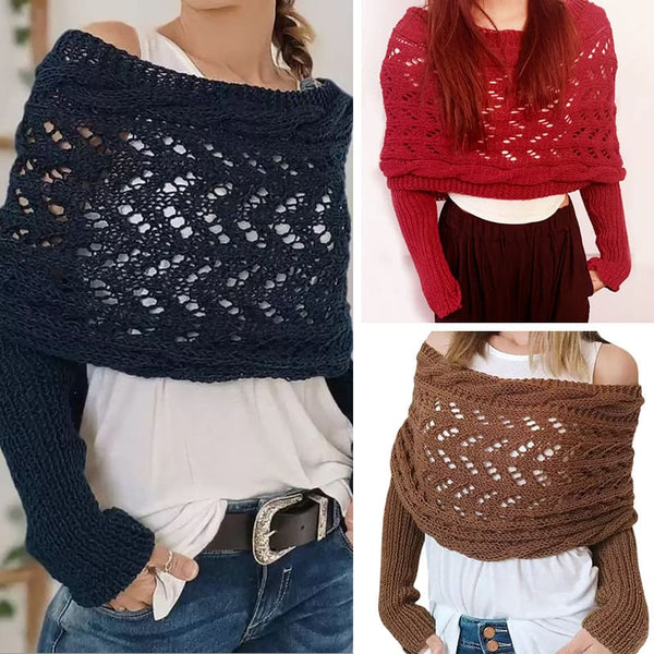 Extended Hollow Out Double-Sleeve Shawl with Crossed Open Shoulders and Neck Warmer