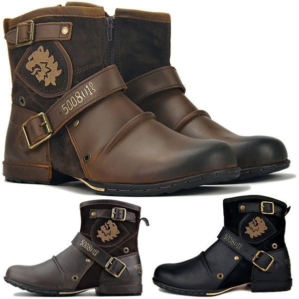 Men's Retro Metal Buckle Side Zipper Martin Boots with Round Toe