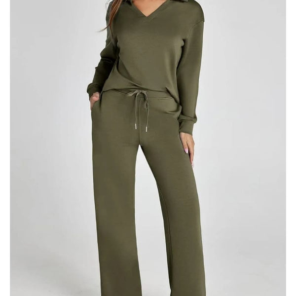 Fashionable Casual Set: Long Sleeve V-neck Sweatshirt and Wide-leg Pants for Women