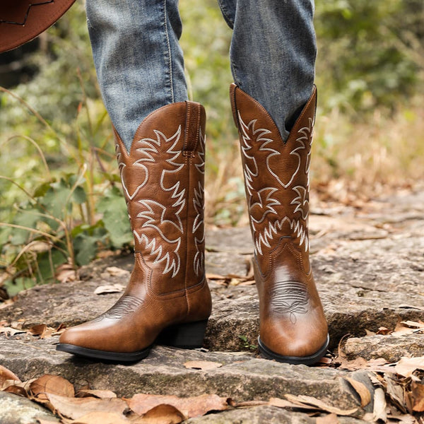 Embroidered High Heel Men's Western Cowboy Boots, Tall Shaft