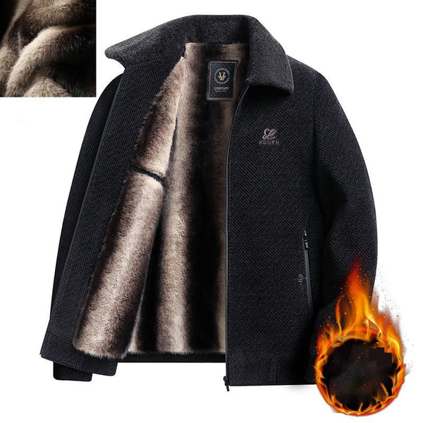 Men's Fleece-Lined Thickened Warm Winter Coat with Notched Collar