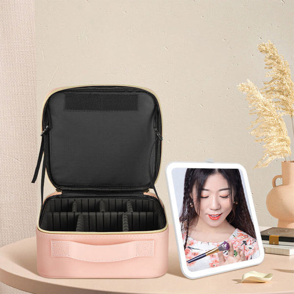 Travel Makeup Bag with LED Mirror, Large Capacity Cosmetic Storage Case