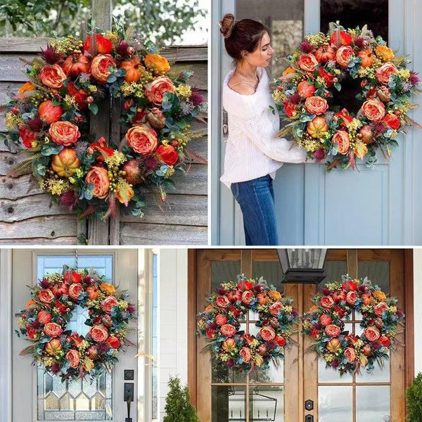 15.7 Inches💖Fall Peony And Pumpkin Wreath - Year Round Wreath