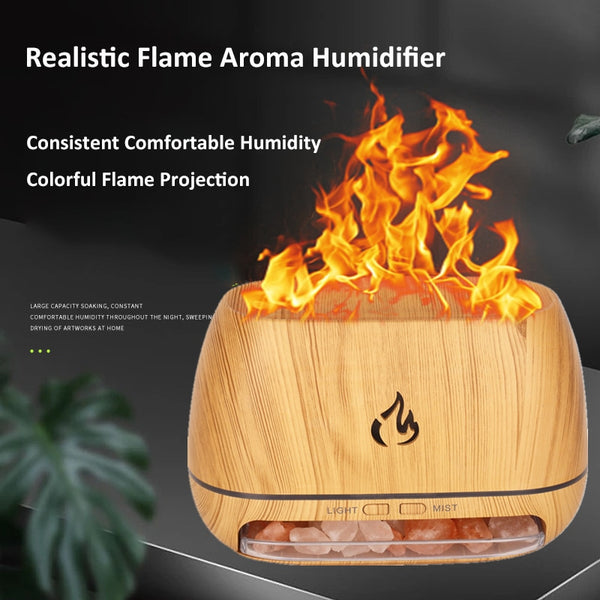 Colorful Flame Humidifier Aroma Diffuser with Wood Grain and Himalayan Salt Rock