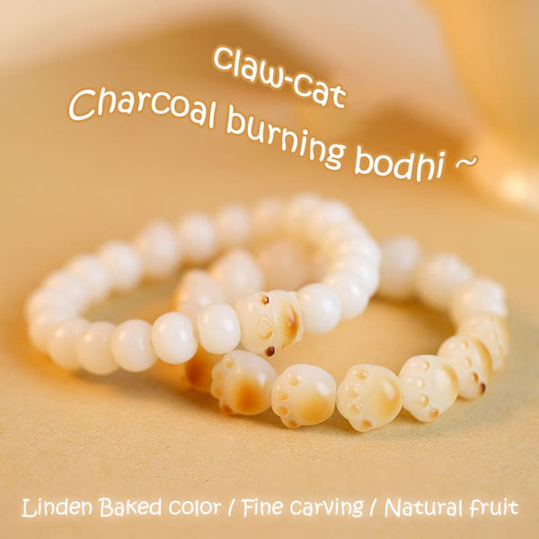 Charcoal-Burned Cat Paw Bodhi Root Bracelet with White Jade Bodhi Seeds