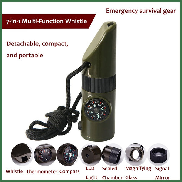 7-in-1 Outdoor Survival Whistle with LED Light, Thermometer, Compass, and Emergency Features