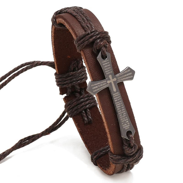 Hand-Woven Vintage Leather Bracelet with Cross
