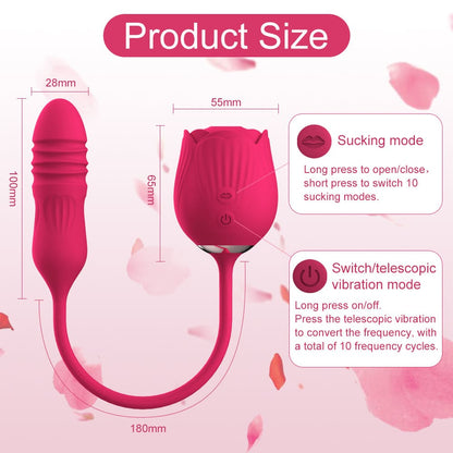 Rose Vibrator for Women – Thrusting G-Spot & Clitoral Stimulation, 10 Sucking Modes, Double-Ended Dildo for Couples
