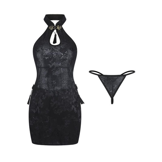 Hollow-Out Retro Frog Button Split Backless Lace-Up Cheongsam Uniform Set for Women