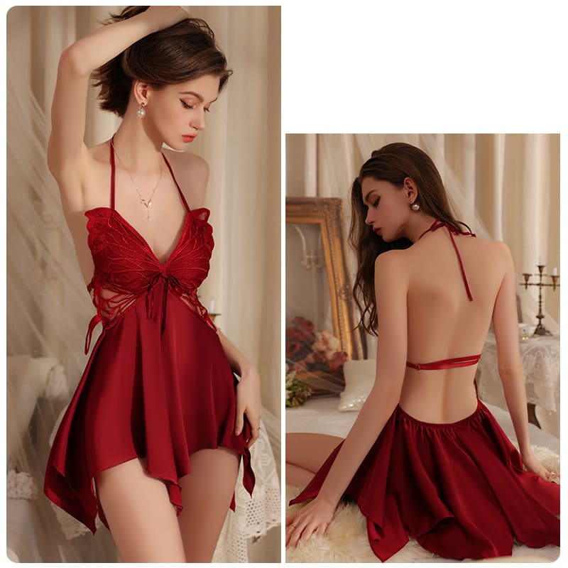 Plus-Size Sexy Butterfly Camisole Nightdress – Backless, Push-Up, Gathered Bust with Removable Pads