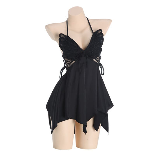 Plus-Size Sexy Butterfly Camisole Nightdress – Backless, Push-Up, Gathered Bust with Removable Pads