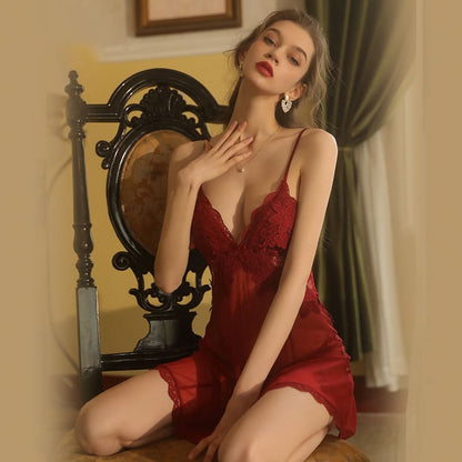Sheer Backless Camisole Nightdress – Embroidered Lace Lingerie Sleepwear
