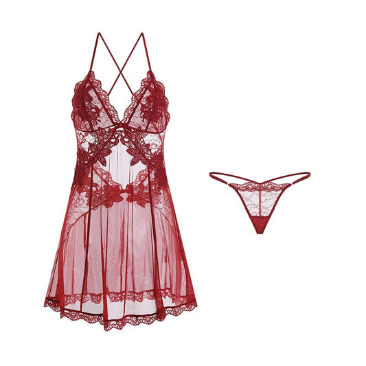 Sheer Backless Camisole Nightdress – Embroidered Lace Lingerie Sleepwear